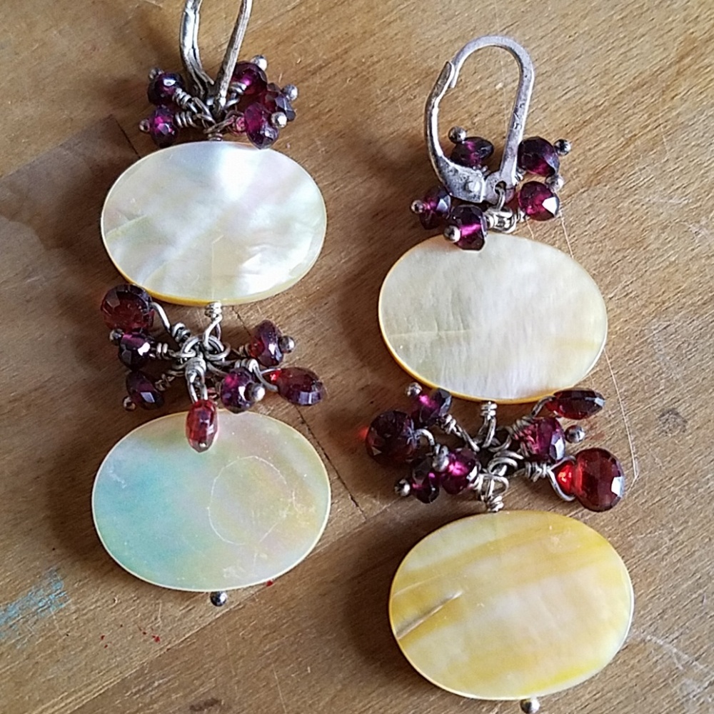 Handmade mother of pearl garnet earrings